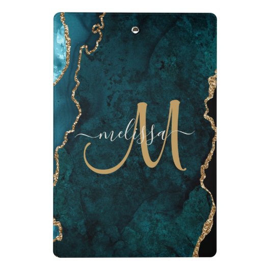 Chic Blauwgroen Gold Glitter Agate Custom Monogram Mini Klembord (Achterkant)