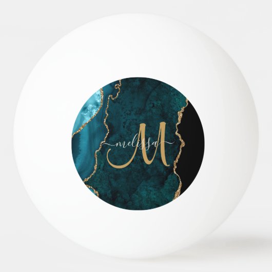 Chic Blauwgroen Gold Glitter Agate Custom Monogram Pingpongbal (Voorkant)