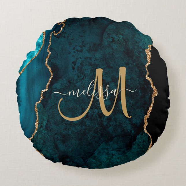 Chic Blauwgroen Gold Glitter Agate Custom Monogram Rond Kussen (Voorkant)
