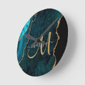 Chic Blauwgroen Gold Glitter Agate Custom Monogram Ronde Klok (Hoek)