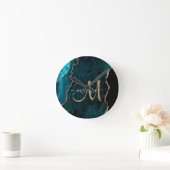 Chic Blauwgroen Gold Glitter Agate Custom Monogram Ronde Klok (Huis)