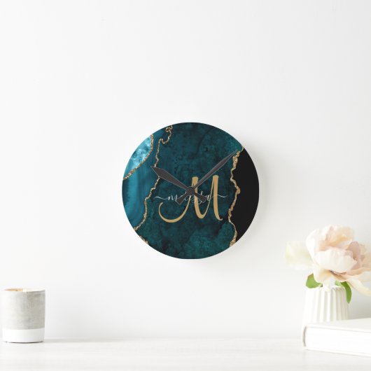 Chic Blauwgroen Gold Glitter Agate Custom Monogram Ronde Klok (Huis)