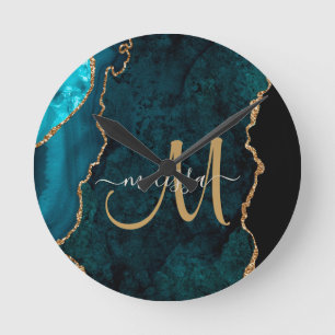 Chic Blauwgroen Gold Glitter Agate Custom Monogram Ronde Klok