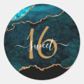 Chic Blauwgroen Gold Glitter Agate Custom Monogram Ronde Sticker (Voorkant)