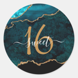 Chic Blauwgroen Gold Glitter Agate Custom Monogram Ronde Sticker