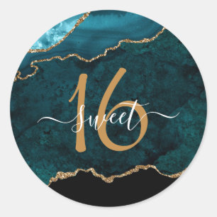 Chic Blauwgroen Gold Glitter Agate Custom Monogram Ronde Sticker