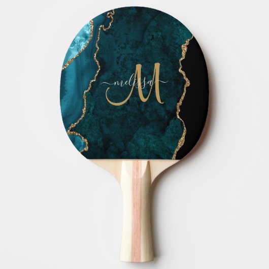Chic Blauwgroen Gold Glitter Agate Custom Monogram Tafeltennisbatje (Voorkant)