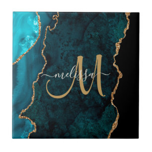 Chic Blauwgroen Gold Glitter Agate Custom Monogram Tegeltje