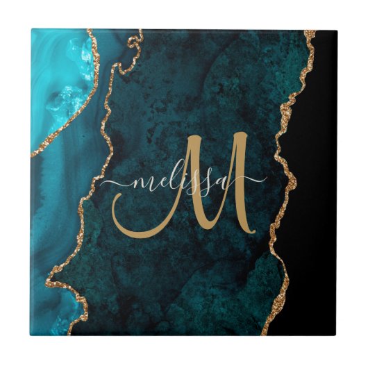 Chic Blauwgroen Gold Glitter Agate Custom Monogram Tegeltje (Voorkant)