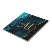 Chic Blauwgroen Gold Glitter Agate Custom Monogram Tegeltje (Zijkant)
