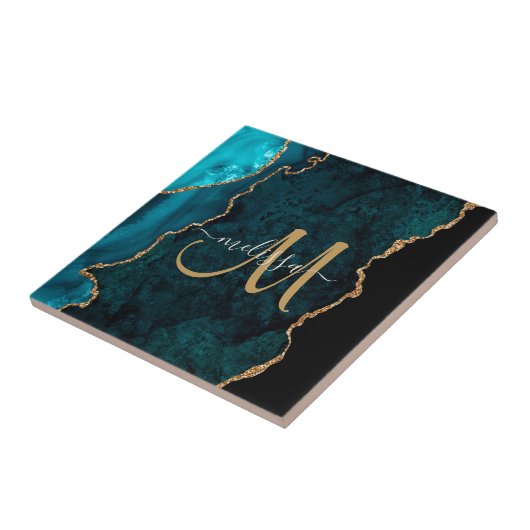 Chic Blauwgroen Gold Glitter Agate Custom Monogram Tegeltje (Zijkant)