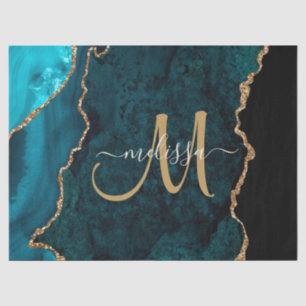 Chic Blauwgroen Gold Glitter Agate Custom Monogram Tissuepapier