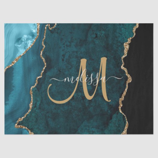 Chic Blauwgroen Gold Glitter Agate Custom Monogram Tissuepapier (Voorkant)
