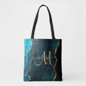 Chic Blauwgroen Gold Glitter Agate Custom Monogram Tote Bag (Voorkant)