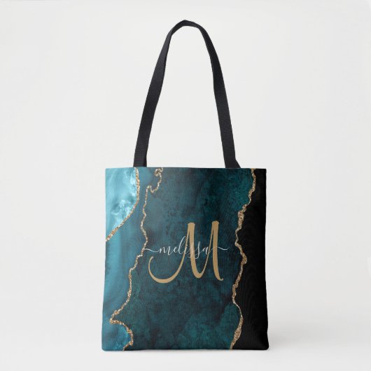 Chic Blauwgroen Gold Glitter Agate Custom Monogram Tote Bag (Voorkant)