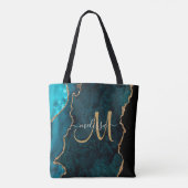 Chic Blauwgroen Gold Glitter Agate Custom Monogram Tote Bag (Achterkant)