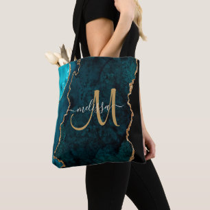 Chic Blauwgroen Gold Glitter Agate Custom Monogram Tote Bag