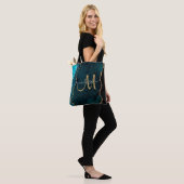 Chic Blauwgroen Gold Glitter Agate Custom Monogram Tote Bag (Op model)