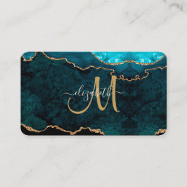 Chic Blauwgroen Gold Glitter Agate Custom Monogram Visitekaartje