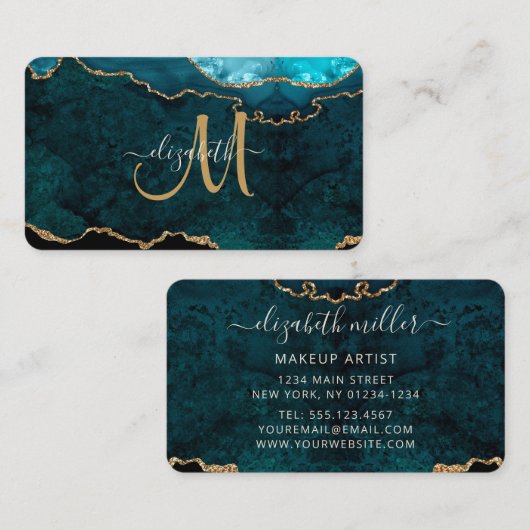 Chic Blauwgroen Gold Glitter Agate Custom Monogram Visitekaartje (Voorkant / Achterkant)