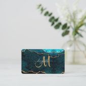 Chic Blauwgroen Gold Glitter Agate Custom Monogram Visitekaartje (Staand voorkant)