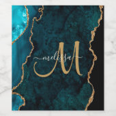 Chic Blauwgroen Gold Glitter Agate Custom Monogram Wijn Etiket (Enkel label)