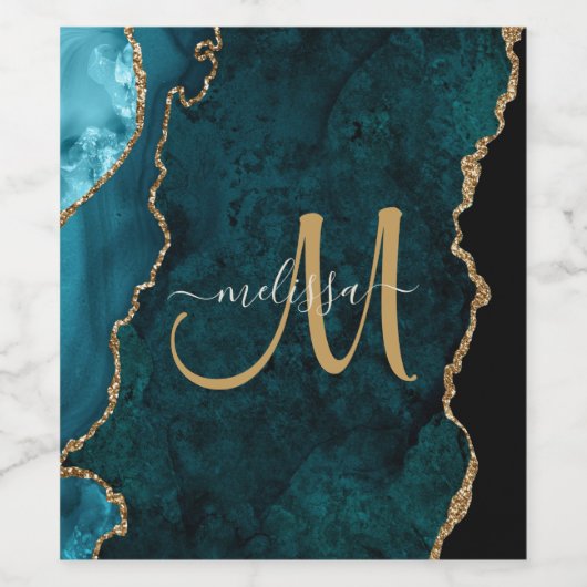 Chic Blauwgroen Gold Glitter Agate Custom Monogram Wijn Etiket (Enkel label)
