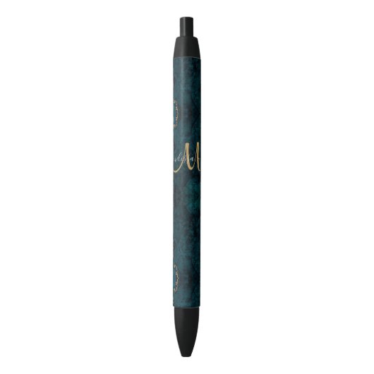 Chic Blauwgroen Gold Glitter Agate Custom Monogram Zwarte Inkt Pen (Voorkant Verticaal)