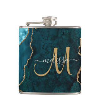 Chic Blauwgroen Gold Glitter Agate Monogram Naam Heupfles