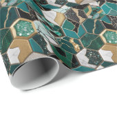Chic Blauwgroen, Goud & Zwart Geometrisch Marmer Cadeaupapier (Rol Hoek)