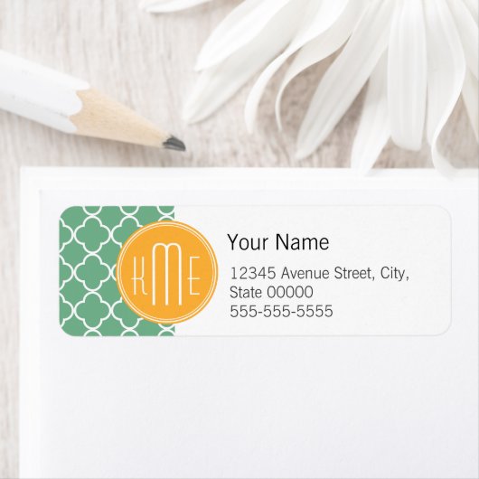 Chic Blauwgroen Groen Quatrefoil met Geel Monogram Etiket (Insitu)