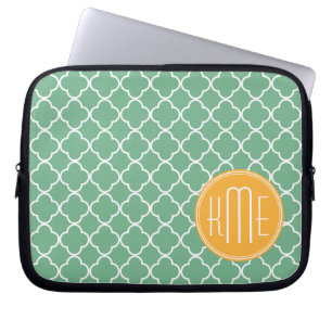 Chic Blauwgroen Groen Quatrefoil met Geel Monogram Laptop Sleeve