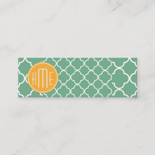Chic Blauwgroen Groen Quatrefoil met Geel Monogram Mini Visitekaartje (Voorkant)
