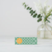 Chic Blauwgroen Groen Quatrefoil met Geel Monogram Mini Visitekaartje (Staand voorkant)