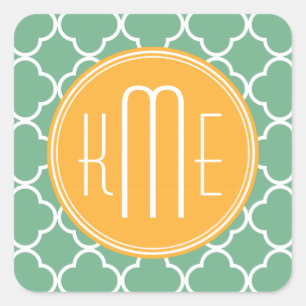 Chic Blauwgroen Groen Quatrefoil met Geel Monogram Vierkante Sticker