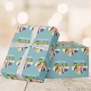 Chic Blauwgroen Harten Paar Foto Romantisch Custom Cadeaupapier