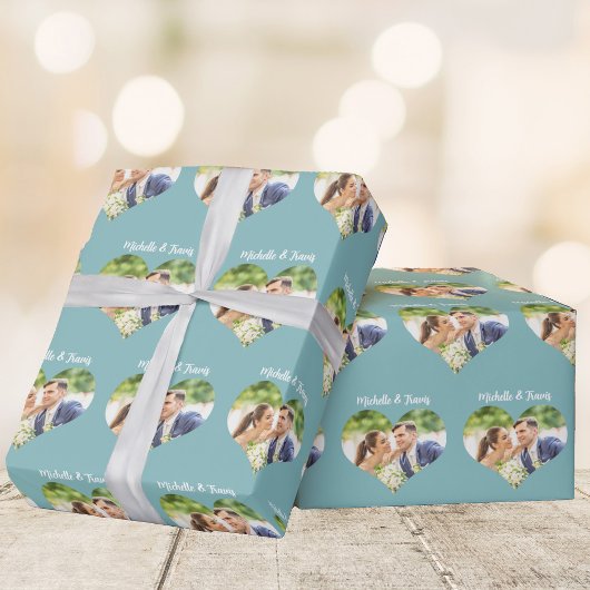 Chic Blauwgroen Harten Paar Foto Romantisch Custom Cadeaupapier