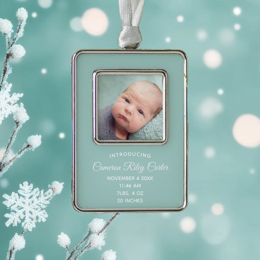 Chic Blauwgroen Newborn Baby Foto geboorte Stats K Verzilverd Omlijst Ornament