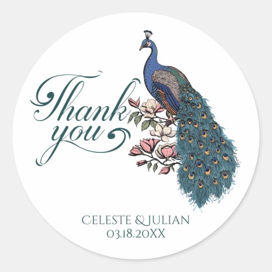 Chic Blauwgroen pauw bedankt Ronde Sticker (Voorkant)