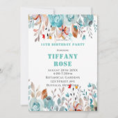 Chic Blauwgroen Peony 13th Birthday Party Invites (Voorkant)
