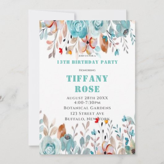 Chic Blauwgroen Peony 13th Birthday Party Invites (Voorkant)