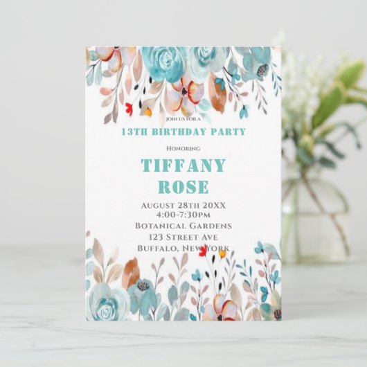 Chic Blauwgroen Peony 13th Birthday Party Invites (Staand voorkant)