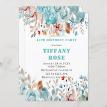 Chic Blauwgroen Peony 13th Birthday Party Invites