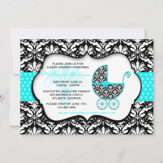 Chic Blauwgroen Polka Dot Damask Baby shower Invit Kaart (Voorkant)