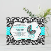 Chic Blauwgroen Polka Dot Damask Baby shower Invit Kaart (Staand voorkant)