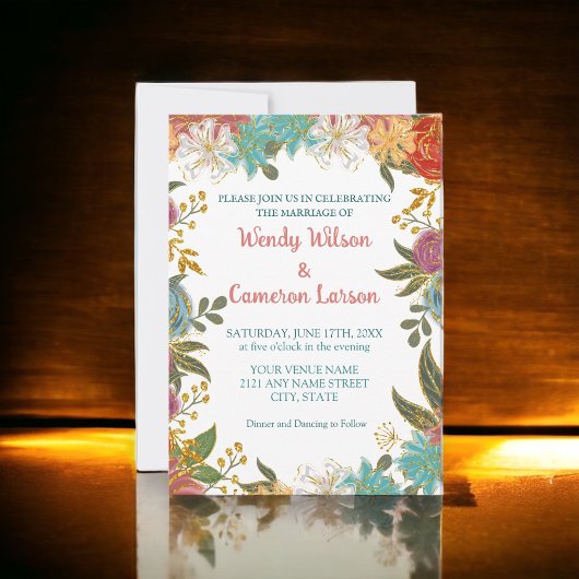 Chic Blauwgroen Rust Floral Wedding Uitnodiging