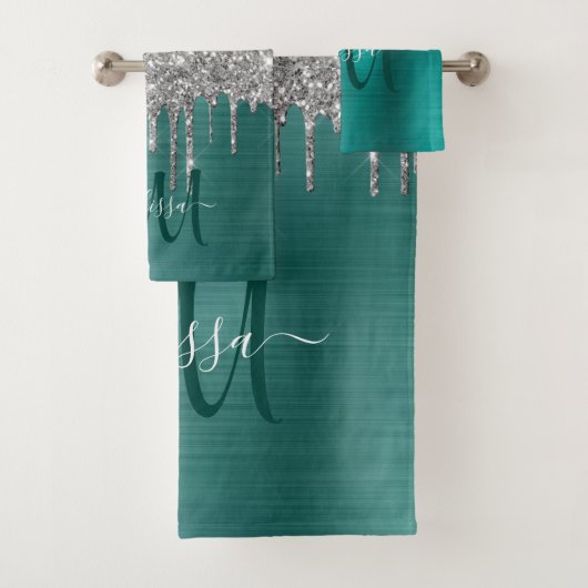 Chic Blauwgroen Silver Driving Glitter Monogram Na Bad Handdoek (Insitu)