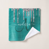 Chic Blauwgroen Silver Driving Glitter Monogram Na Bad Handdoek (Wasdoekje)