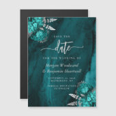 Chic Blauwgroen Silver Floral Wedding Save the Dat Magnetische Uitnodiging (Voorkant / Achterkant)