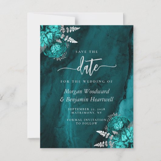 Chic Blauwgroen Silver Floral Wedding Save the Dat Magnetische Uitnodiging (Voorkant)